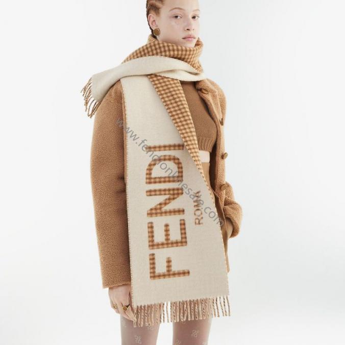 Fendi Roma Logo Scarf In Wool and Cashmere Beige