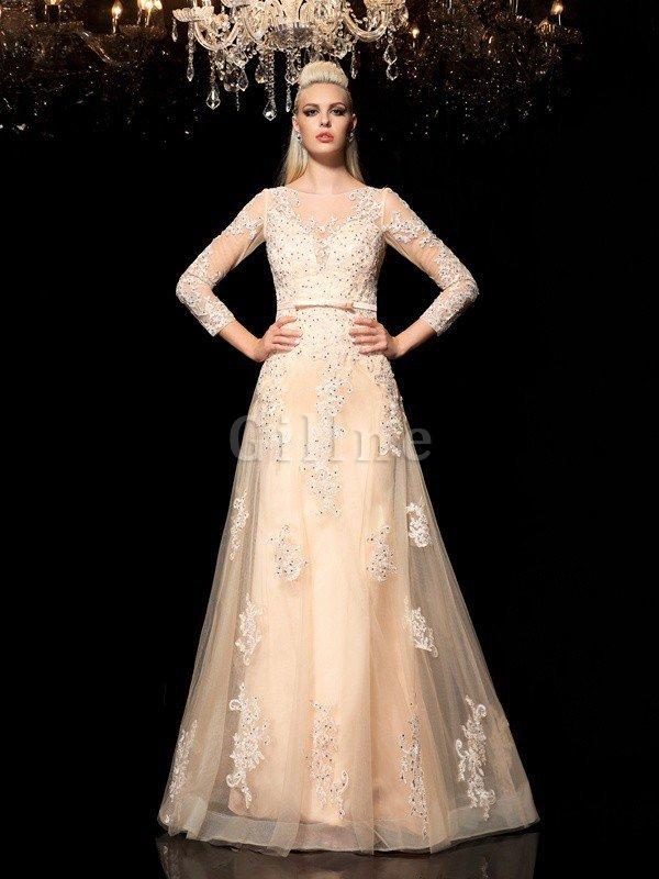 Abito da Sposa con Maniche Lunghe Lungo con Applique in Raso Cerniera