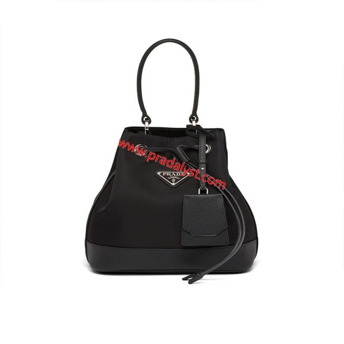 Prada 1BE055 Nylon And Saffiano Leather Bucket Bag Black
