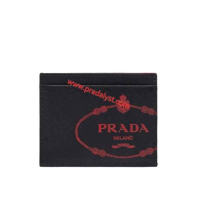Prada 2MC223 Silk-screened Logo Saffiano Leather Card Holder In Black/Red