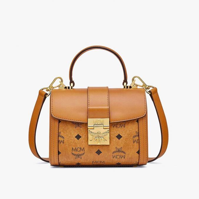 MCM Small Tracy Visetos Satchel In Brown