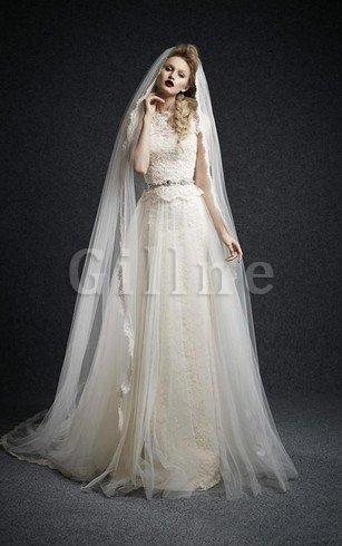 Abito da Sposa in Pizzo Naturale con Bottone con Perline Cappellino