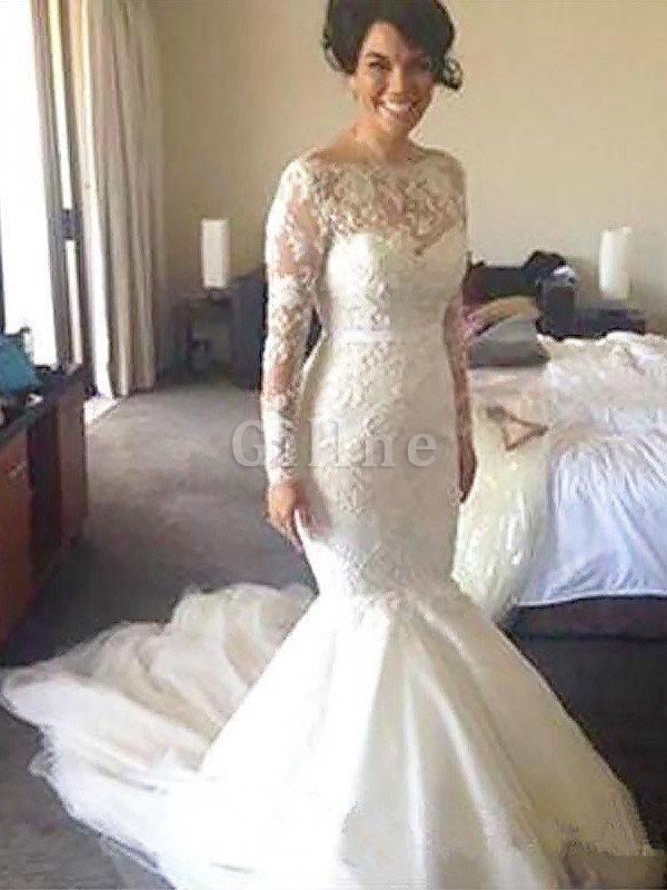 Abito da Sposa Principessa con Maniche Lunghe Largo in Tulle Coda A Strascico Corto