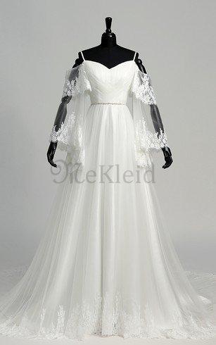 A Line Perlenbesetztes Romantisches Brautkleid mit Reißverschluss mit Gericht Schleppe