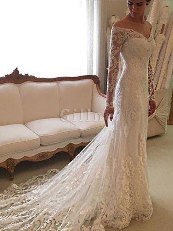 Abito da Sposa Coda A Strascico Corto in Pizzo Tubino Fuori dalla spalla Naturale