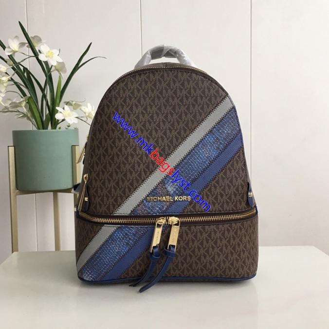 MICHAEL Michael Kors Rhea Medium Stripes-Patch Logo Backpack Coffee/Blue