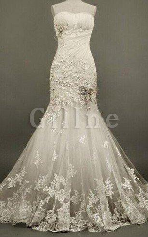 Abito da Sposa Elegante con Applique in Pizzo con Perline in Tulle