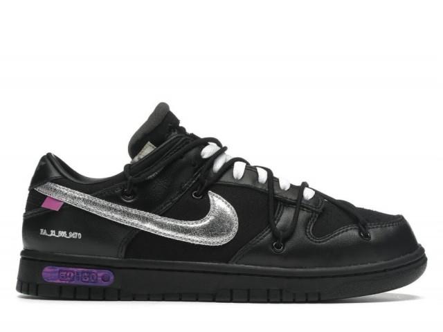 Representing the final installment of the Off-White x Nike Dunk Low collection simply dubbed 'Dear Summer the retro silhouette gets dressed in a blacked-out upper crafted from canvas and leather. Similar to Virgil Ablohs 2019 take on the Dunk Low, this pair features an exposed foam tongue, plastic zip tie, Helvetica text and a secondary set of rope laces overlaid atop the upper. A metallic silver Swoosh shines on the side panel, while a badge on the matching black midsole designates this colorway as edition 50 of 50.
https://www.nike-off-white.com/offwhite-x-nike-dunk-c-144/offwhite-x-nike-dunk-low-lot-50-of-50-p-1570.html