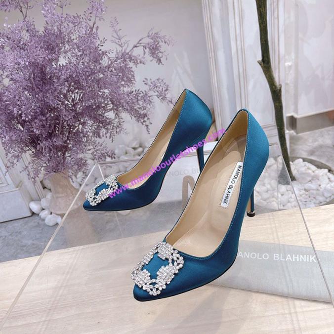 Manolo Blahnik Hangisi Pumps Satin With Gray Crystal Square Buckle Blue