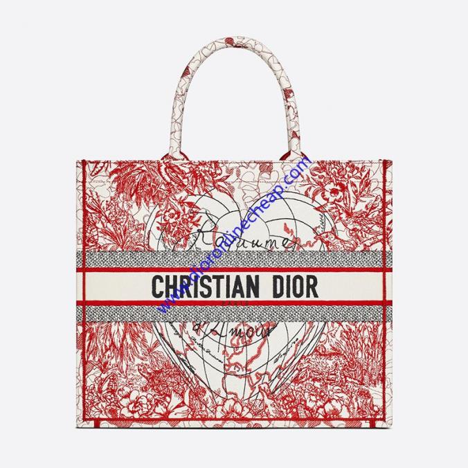Dior Book Tote Dioramour D Royaume d'Amour Embroidery Canvas Red/White