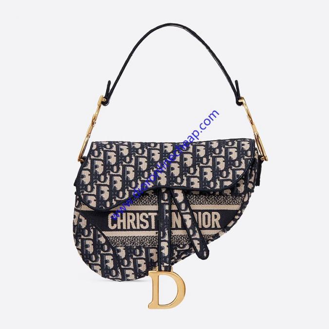 Christian Dior Saddle Bag Oblique Embroidery Canvas Blue