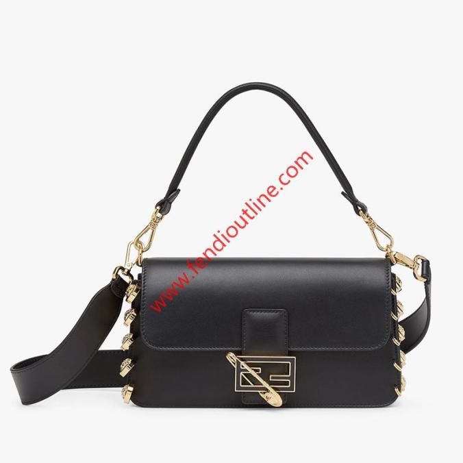 Fendi Baguette Bag In Calf Leather with Fendace Pin Brooches Black