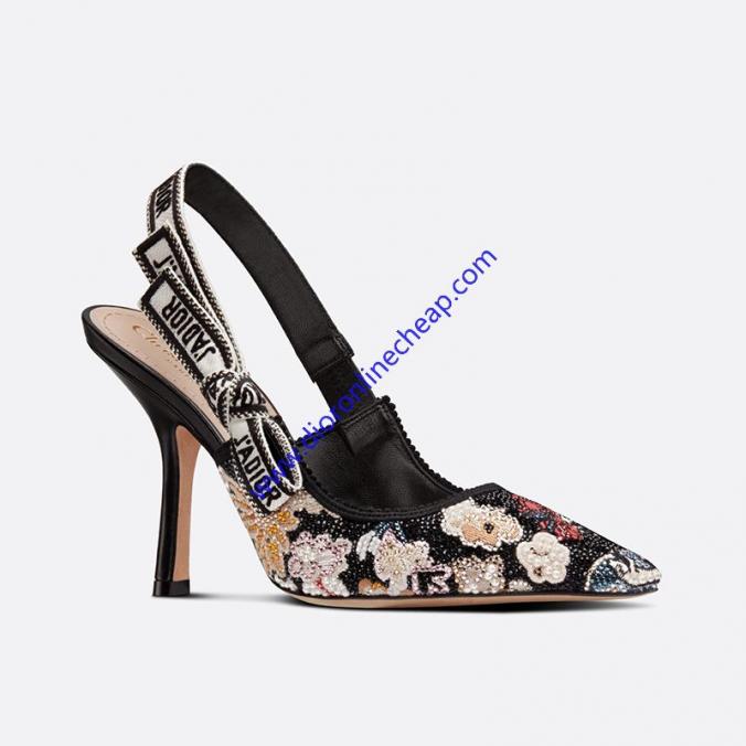 J'Adior Slingback Pumps Women Toile de Jouy Pop Embroidered Cotton with Beads and Strass Black