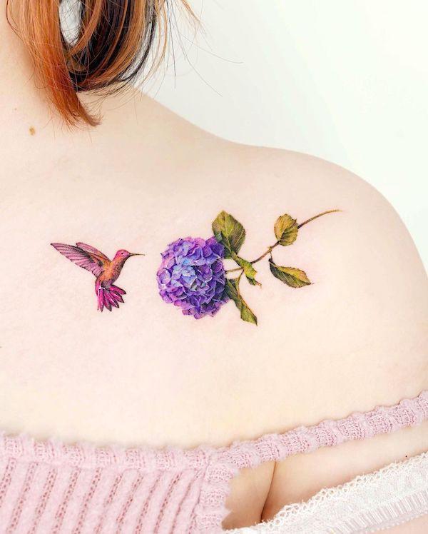 Hydrangea and Hummingbird Tattoo for girl