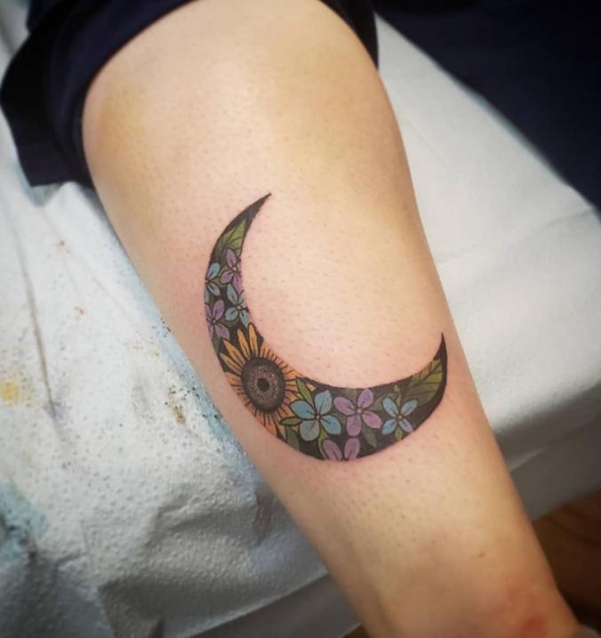 Sunflowers & hydrangea in Crescent Moon Tattoo