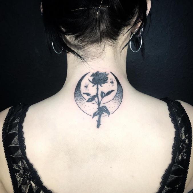 Crescent Moon Tattoo with black rose