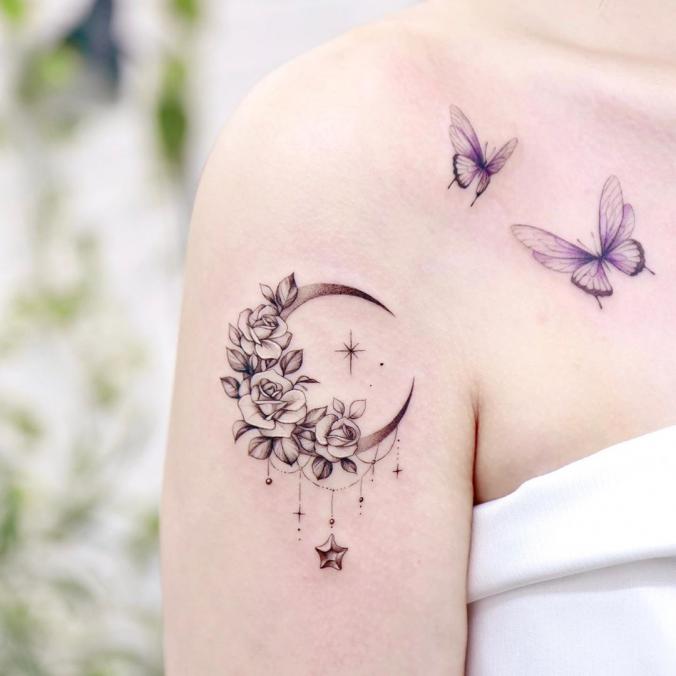 Roses and Crescent Moon Tattoo