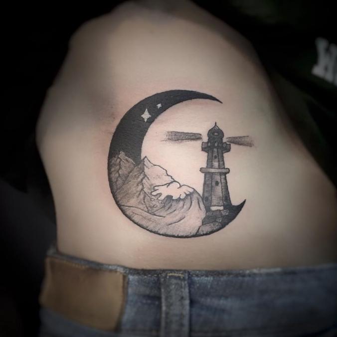 Lighthouse in Crescent Moon Tattoo