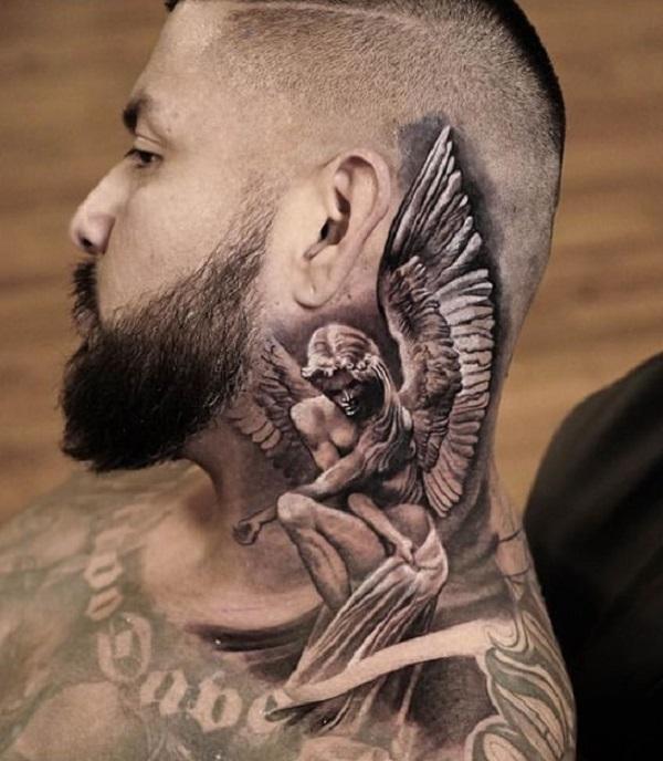 Super realistic angel tattoo on the neck