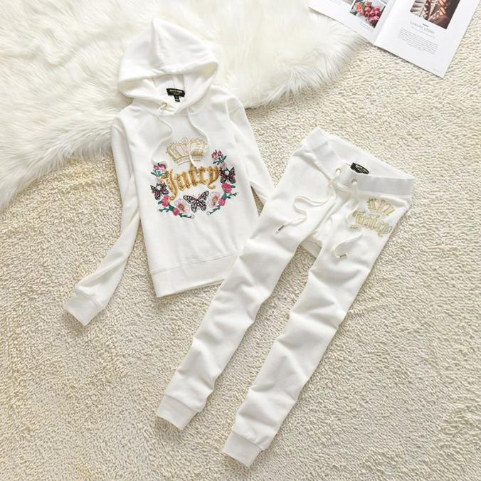 Juicy Couture Butterfly Floral Velour Tracksuits  2pcs Women Suits White