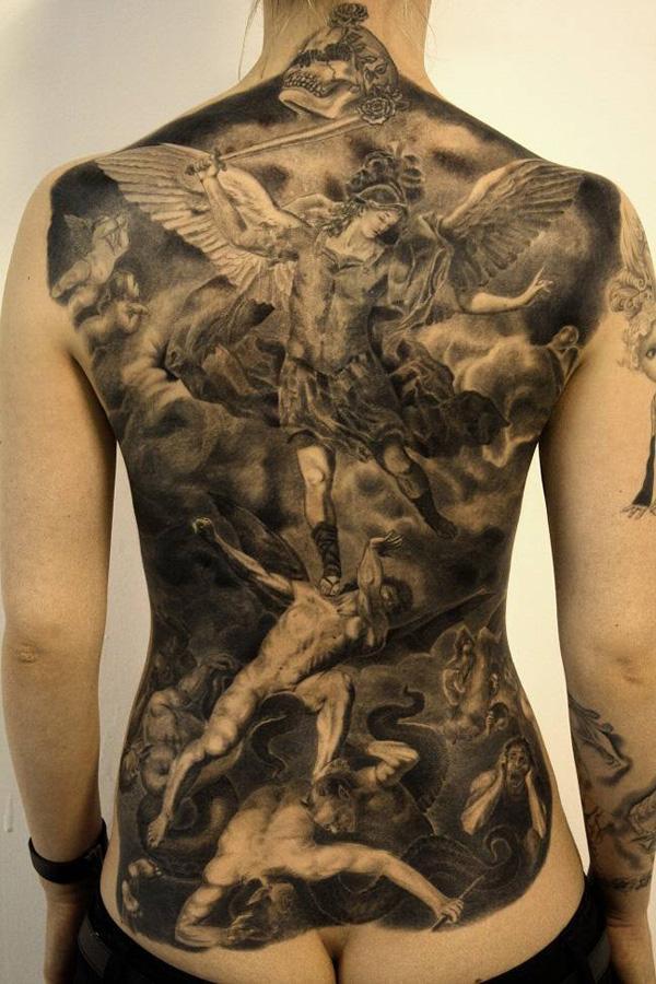 A tattoo of oil painting   The Fall of the Rebel Angels