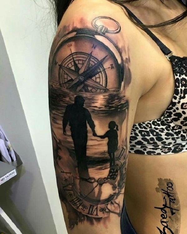 Nautical compass clock and family tattoo