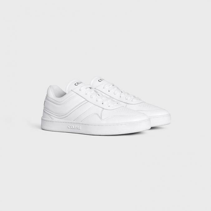 Celine Trainer Low Lace Up Sneakers Unisex Calfskin and Laminated Calfskin White