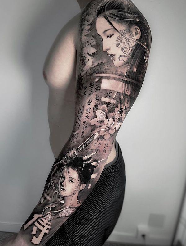 Black and white Japanese tattoo with geisha and cherry blossoms