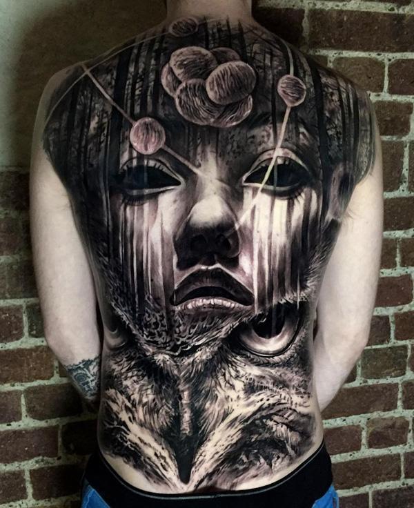 Stunning woman and owl portraits tattoo with the woman portraits