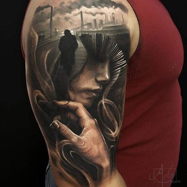 A realistic tattoo depicting a person that appears to be thinking and remembering