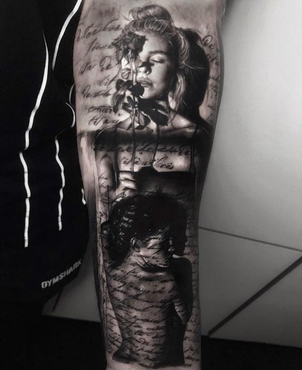 Sleeve tattoo depicting a woman with her eyes closed holding a flower in front of her
