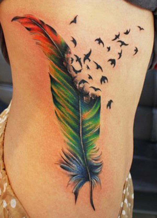 Ying Yang feather with flying  birds tattoo