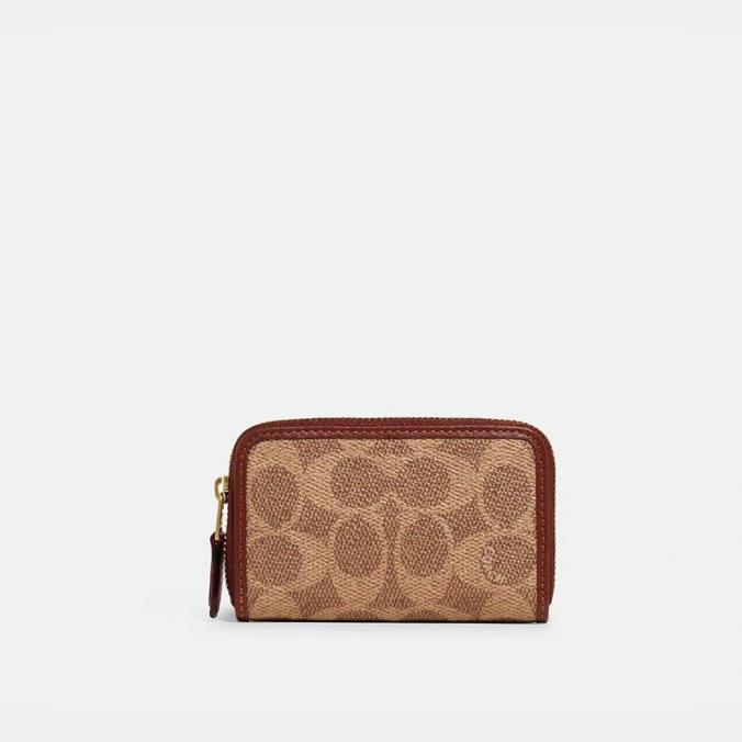 Coach Small Zip Around Card Case in Signature Canvas Brown