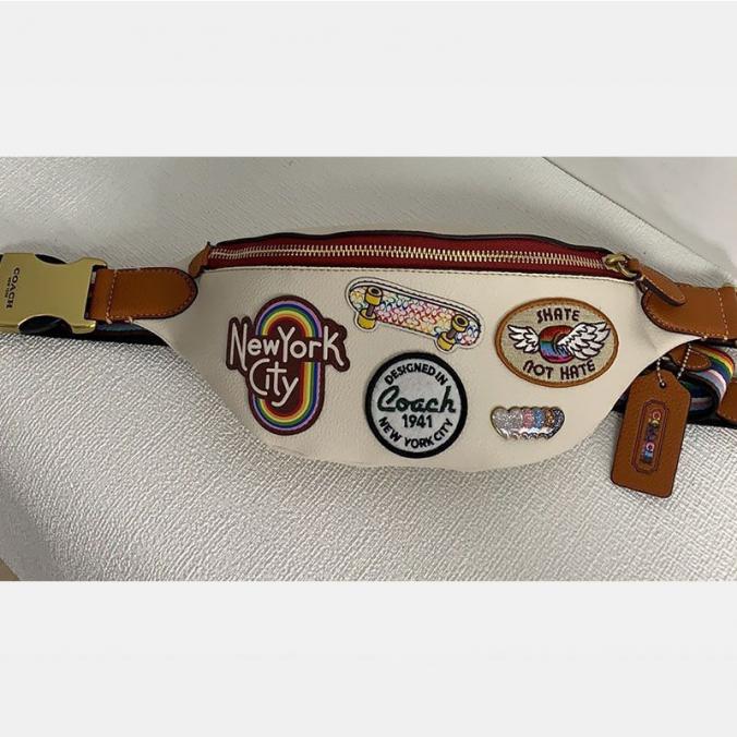 Coach Charter Belt Bag  in Pebble Leather with Patches White