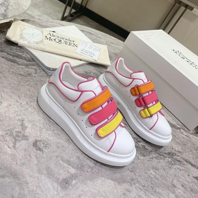 Alexander Mcqueen Oversized Triple Strap Sneakers Unisex Calf Leather with Contrast Piping White/Rose