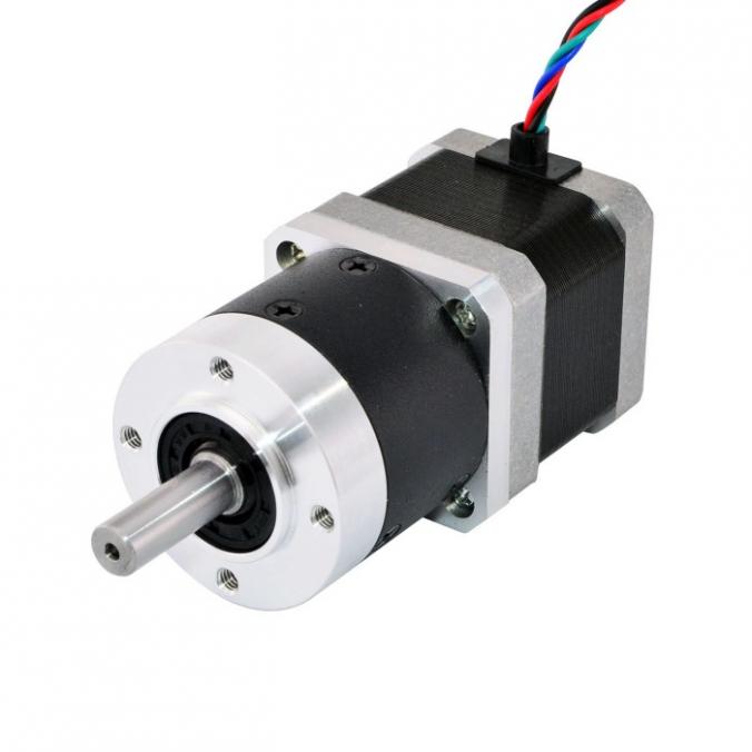 This Nema 17 stepper motor with 39mm body and 1.68A rated current, integrated with a 41mm Planetary gearbox of 5:1 gear ratio. It's a good solution to applications that with special space but need low speed and/or high torque.