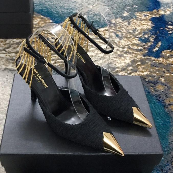Saint Laurent Vesper Slingback Pumps In Tweed and Leather with Sling Chains Black/Gold