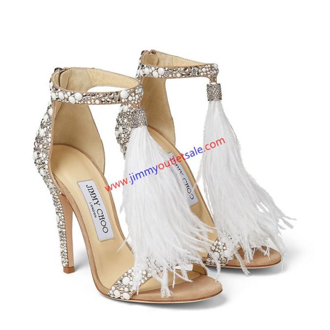 Jimmy Choo Viola  Sandals Women Suede With Crystal Embellished And Ostrich Feather Nude