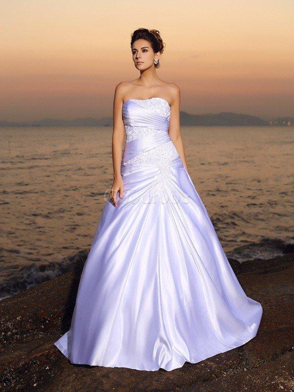 Robe de mariée longue avec sans manches de bustier en satin avec perle