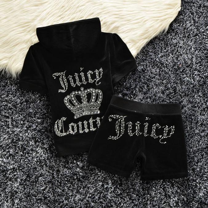 Juicy Couture Studded Logo Crown Velour Tracksuits  2pcs Women Suits Black