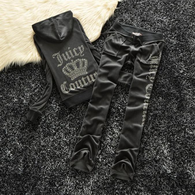 Juicy Couture Studded Logo Crown Velour Tracksuits  2pcs Women Suits Deep Grey