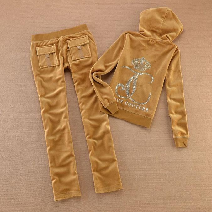 Juicy Couture Studded JC Logo Crown Velour Tracksuits  2pcs Women Suits Brown