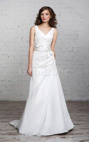 Robe de mariée longue naturel v encolure de traîne moyenne jusqu'au sol