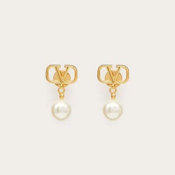 Valentino Mini VLogo Signature Pendant Earrings In Metal With Pearls Gold