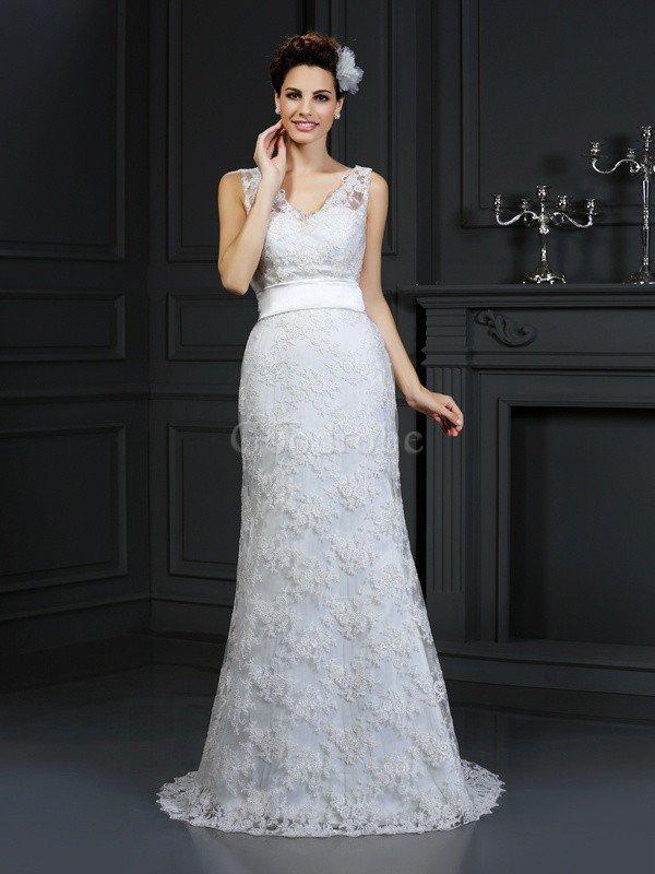 Robe de mariée longue fermeutre eclair manche nulle de traîne mi longue de col en cœur