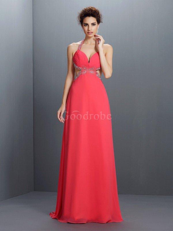 Robe de bal longue avec sans manches avec perle de princesse en chiffon