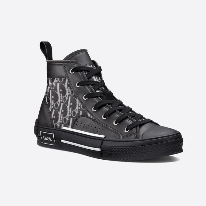 Dior B High Top Sneakers Unisex Oblique Motif Canvas with Calfskin Black