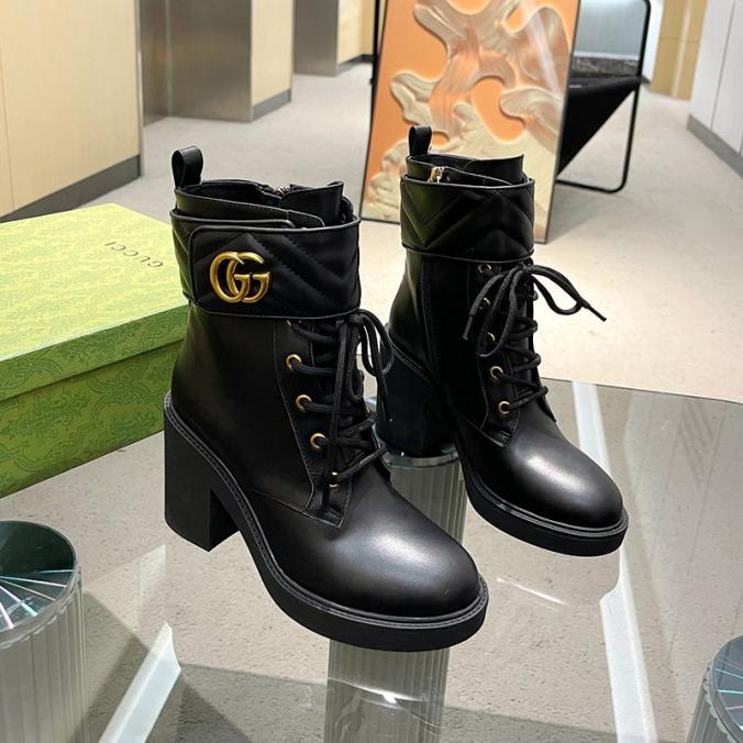 Gucci Double G Mid Heel Boots Women Leather Black