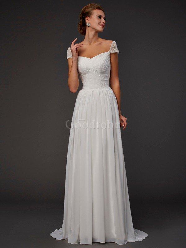Robe de soirée naturel longue ligne a avec perle avec manche courte