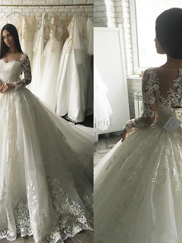 Gericht Schleppe Duchesse Linie Spannend Tüll Lange Ärmeln Brautkleid mit Applike